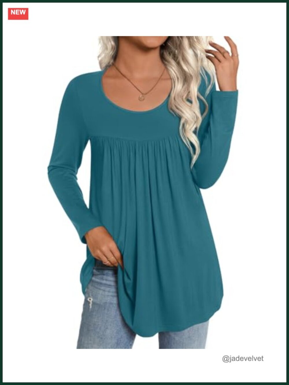 CATHY Womens Long Sleeve Tunic Top Loose Fit Pleated Flare Hem Scoop Neck